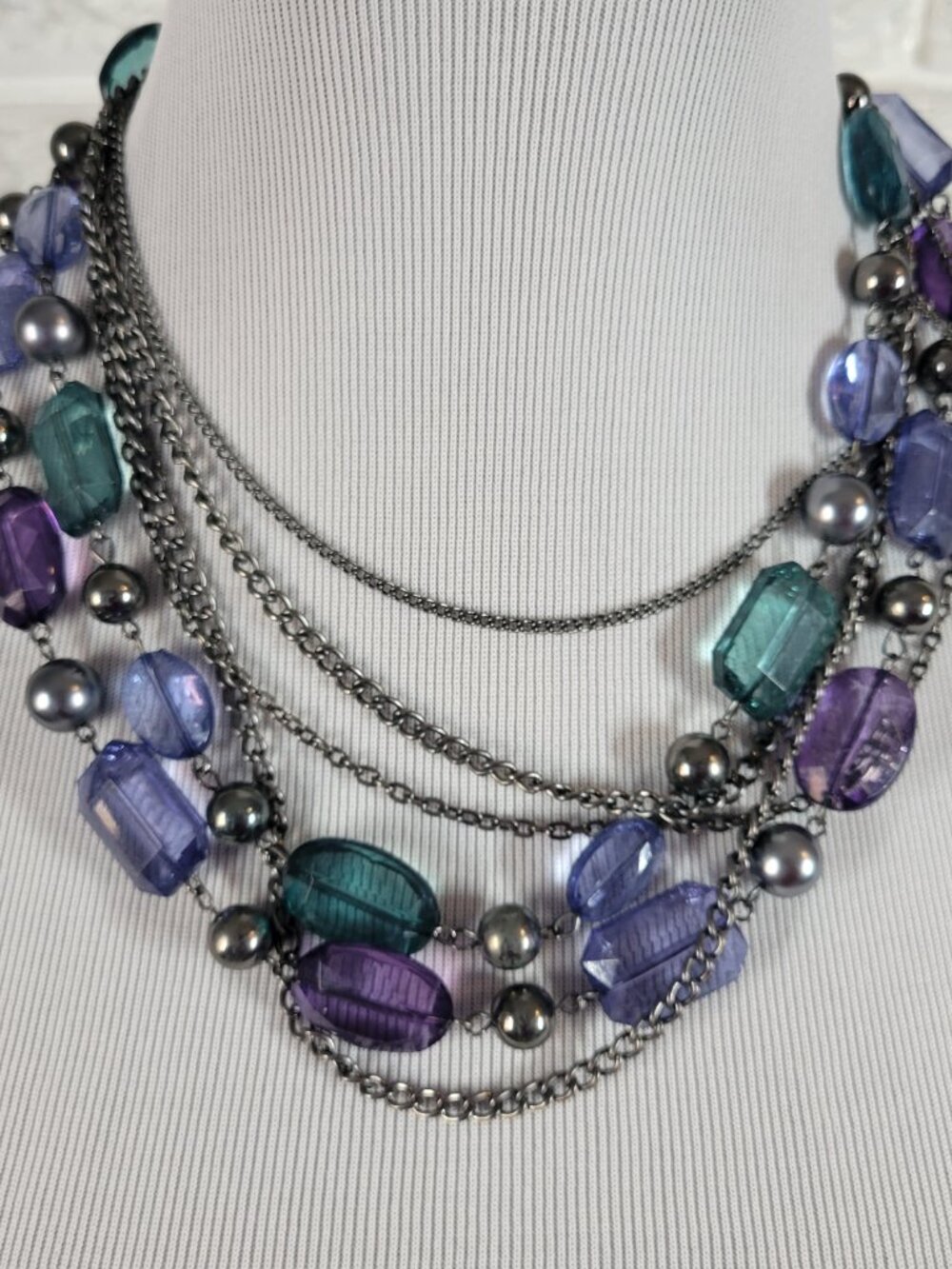Multi Strand Beaded Statement Necklace Purple Teal Blue Silver Tone Layered N17E